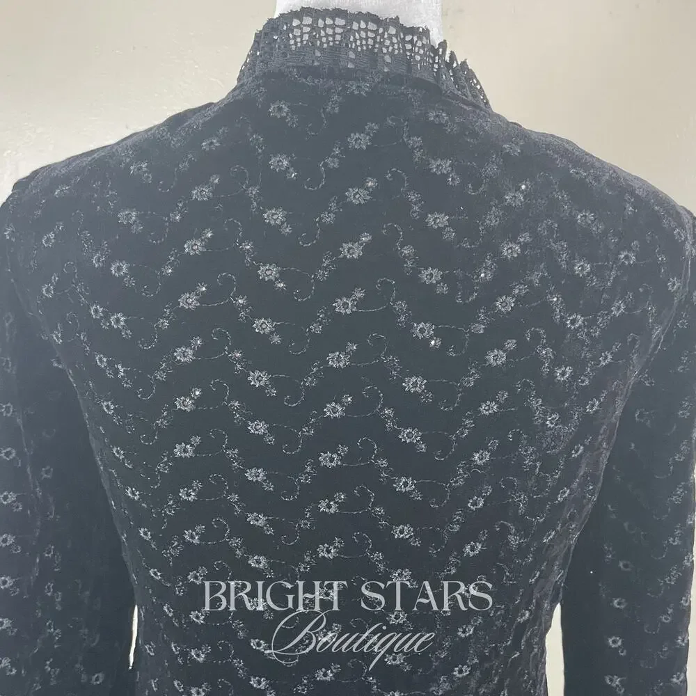 Rare Black Velvet Blazer ASO Lorelia Gilmore Girls Velvet Tie Front Lace Trim - Picture 13 of 13